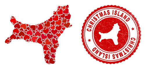 Collage Christmas Island map composed with red love hearts, and dirty seal stamp. Vector lovely round red rubber seal stamp imprint with Christmas Island map inside.