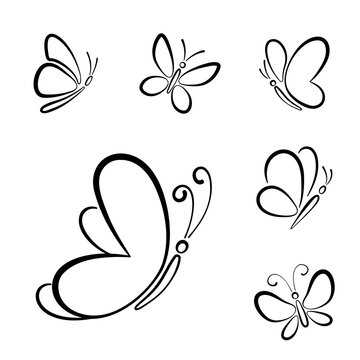 Different hand drawn outline silhouette of butterfly isolated on white background. Vector collection.