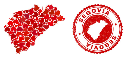 Mosaic Segovia Province map composed with red love hearts, and corroded seal. Vector lovely round red rubber seal stamp imprint with Segovia Province map inside.