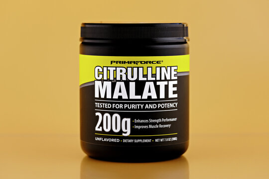 citrulline malate in the jar. dietary supplement editorial photo