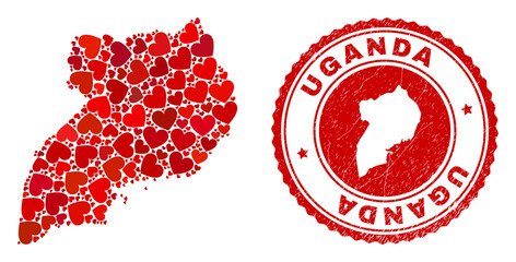 Collage Uganda map designed from red love hearts, and rubber badge. Vector lovely round red rubber badge imprint with Uganda map inside. Geographic abstraction of Uganda map with red amour symbols.