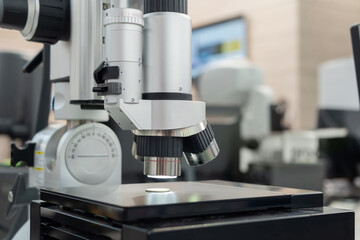 3D digital video microscope with highest resolution and magnification at laboratory - close up. Quality control, measuring, examination, equipment, technology, science concept