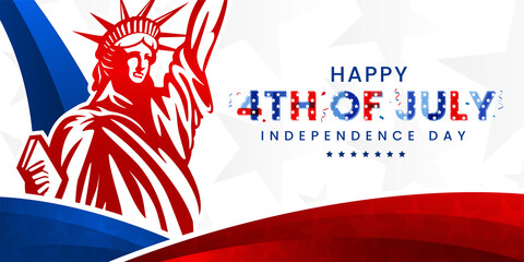 Happy 4th of July united states of America independence day with colorful lettering, engraved stars, and confetti design on modern, contemporary red, blue waving stripe background  © Tajuddin