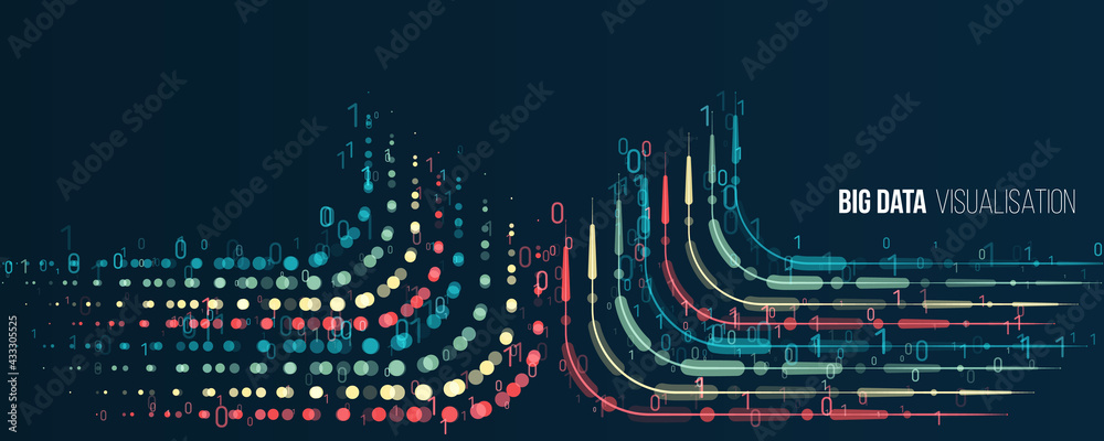 Aufkleber Big data visualization banner. Abstract background with lines array and binary code. Connection structure. Data array visual concept for website. Big data connection complex.