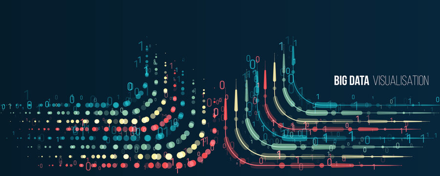 Big data visualization banner. Abstract background with lines array and binary code. Connection structure. Data array visual concept for website. Big data connection complex.