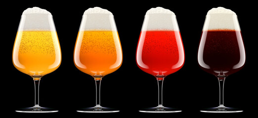 Set of glasses of fresh beer with bubble froth isolated on black background.