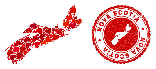 Mosaic Nova Scotia Province map created with red love hearts, and corroded stamp. Vector lovely round red rubber stamp imprint with Nova Scotia Province map inside.
