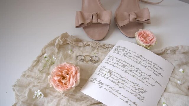 Wedding day decorations bridal shoes flowers Slow Motion