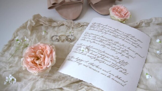 Wedding day postcard, bouquet and earrings