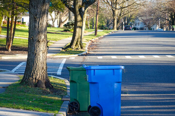 Large blue and green trash cans with wheels on a residential tree lined street waiting for trash pickup - obrazy, fototapety, plakaty