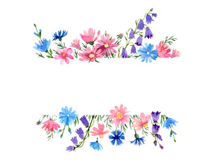 Fototapeta na wymiar Wild flowers border: pink cosmos flower, chicory, bluebell, blue cornflower. Hand drawn watercolor illustration. Isolated on white background