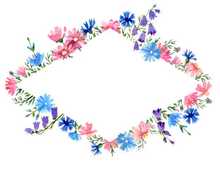 Wild flowers rhombus border: pink cosmos flower, chicory, bluebell, blue cornflower. Hand drawn watercolor illustration. Isolated on white background