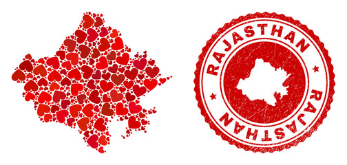 Collage Rajasthan State map created with red love hearts, and rubber stamp. Vector lovely round red rubber stamp imitation with Rajasthan State map inside.