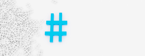 Obraz premium Hashtag Concept. Blue hashtag near the stack of white ones on a white banner background. 3D Rendering