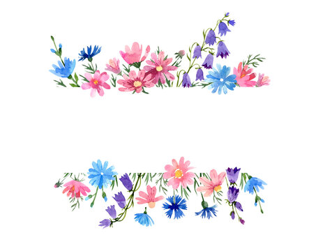Wild flowers border: pink cosmos flower, chicory, bluebell, blue cornflower. Hand drawn watercolor illustration. Isolated on white background