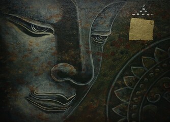 hand drawn original impressionism art oil painting religion buddha statue face temple thailand 