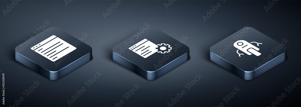 Poster set isometric computer api interface, robot and icon. vector