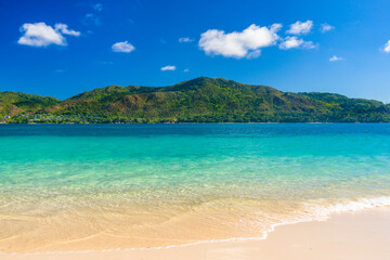 A view from Curieuse island on Praslin island on Seychelles