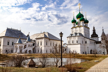 The Rostov Kremlin ensemble on a sunny spring day: walls, towers and temples. Rostov the Great.