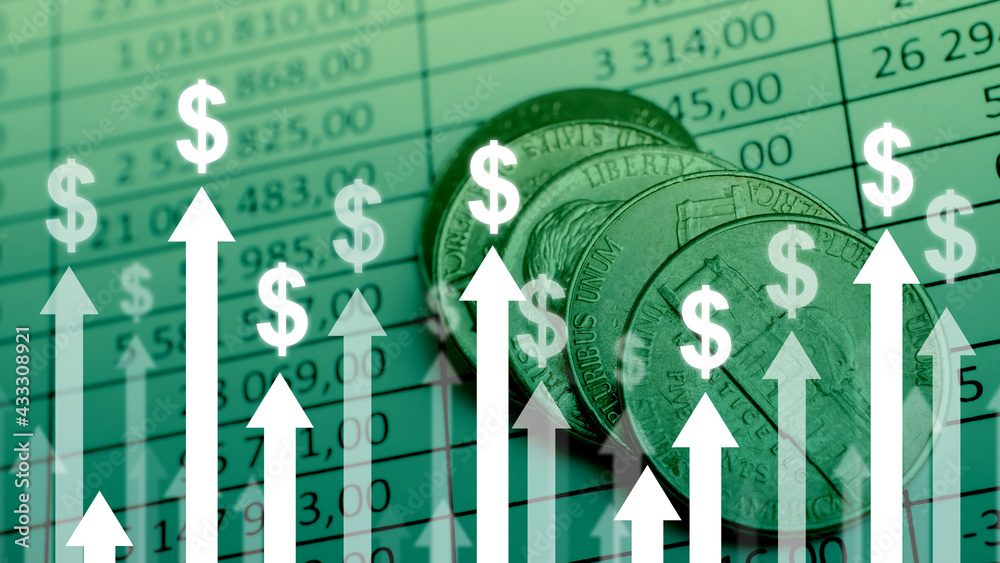 Wall mural dollar currency growth concept with upward arrows on charts and coins background