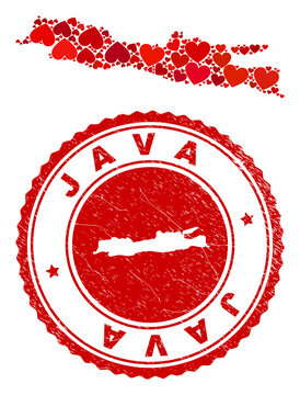 Mosaic Java Island map composed with red love hearts, and unclean stamp. Vector lovely round red rubber seal stamp imprint with Java Island map inside.