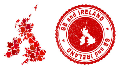 Collage Great Britain and Ireland map designed with red love hearts, and dirty seal. Vector lovely round red rubber seal stamp imprint with Great Britain and Ireland map inside.