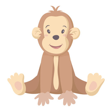 Vector isolated illustration on white background. Children picture of a cute baby monkey or chimpanzee. Cartoon character for children books or wallpaper.