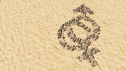 Concept conceptual stones on beach sand handmade symbol shape, golden sandy background, gender signs=. A 3d illustration metaphor for heterosexual relationships, couples, romance and family