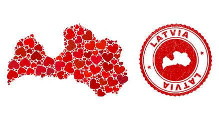 Collage Latvia map created with red love hearts, and scratched seal stamp. Vector lovely round red rubber seal imitation with Latvia map inside.