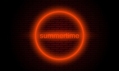 Neon summertime poster vector illustration. Night illuminated wall street sign.