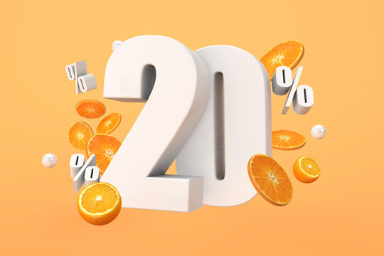 Orange sale 20% off, hot summer sale Promotion with cut oranges. 3D Render