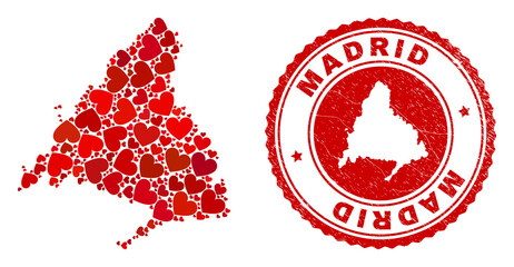 Mosaic Madrid Province map composed with red love hearts, and rubber badge. Vector lovely round red rubber seal stamp imprint with Madrid Province map inside.