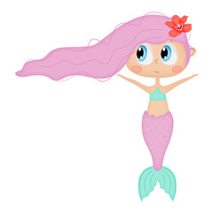 Cute pretty mermaid, cartoon character vector illustration.