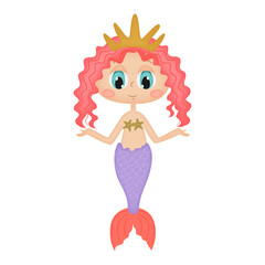 Cute pretty mermaid, cartoon character vector illustration.