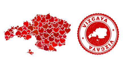 Collage Vizcaya Province map designed with red love hearts, and rubber badge. Vector lovely round red rubber badge imprint with Vizcaya Province map inside.