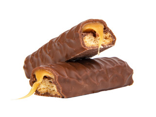 Tasty chocolate bar stick caramel isolated on the white background