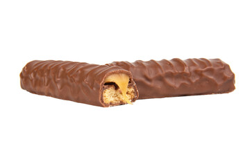 Tasty chocolate bar stick caramel isolated on the white background