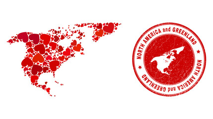 Collage North America and Greenland map created from red love hearts, and rubber seal stamp. Vector lovely round red rubber seal imitation with North America and Greenland map inside.