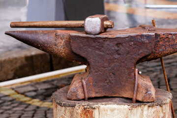 Hammer and anvil. Objects for work the smith. Persistent work. National crafts. Hand Made.