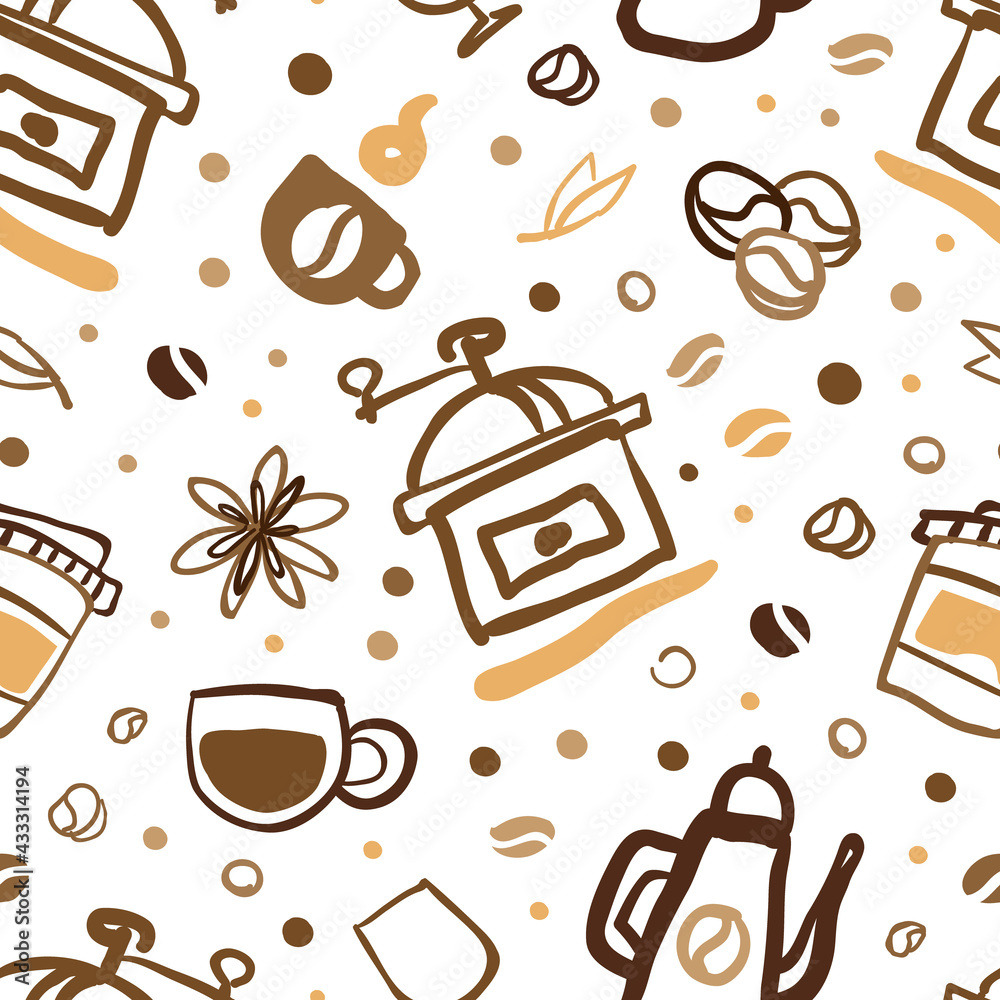 Sticker coffee seamless pattern, aroma tasty beverages endless repeating print can be used for background, w