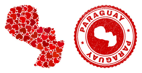 Mosaic Paraguay map composed with red love hearts, and dirty stamp. Vector lovely round red rubber stamp imprint with Paraguay map inside.