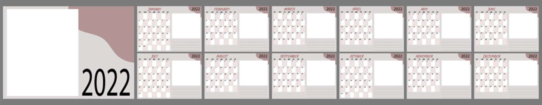 Calendar template for 2021. Set of 12 months and covers. Daily planner with grid table, with space for notes and photos. Vector illustration. horizontal wall or tabletop Corporate, business calendar