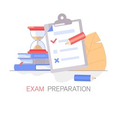 Exam preparation, school test. Vector flat illustration. Exam concept, checklist and stopwatch, choice of answer
