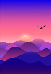 Flat vector illustration, banner. Wild nature landscape. Beautiful sunset or sunrise in desert.