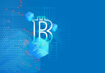 Bitcoin background in gradients of blue with elements of blocks, electronic abstraction and trade symbol. Abstract business diagram.