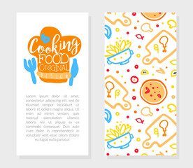 Cooking Food Card Template with Text, Culinary School, Class, Blog Flyer, Card, Brochure with Kitchenware Utensils and Cooking Ingredients Seamless Pattern Vector Illustration