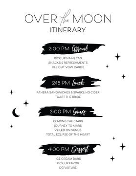 Over The Moon Bridal Shower Itinerary Themed Bridal Shower For Wedding