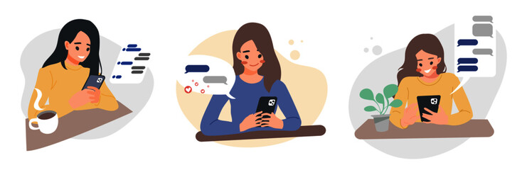 illustration set of character woman sitting using smartphone and chatting with bubbles  ,Social network ,messages ,communication , cute cartoon flat lifestyle vector