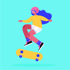 Skater girl, Skateboarder riding skateboard, Young women skateboarding,  Girl Power, Girl sports, Female cartoon character,  Modern vector illustration, flat style