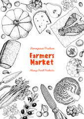 Organic food illustration. Farmers market design elements. Hand drawn sketch. Various food frame. Good food store concept.